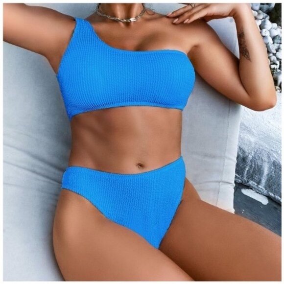 Women One-Shoulder Ribbed Bikini Blue Size M High-Waist Cheeky 2-Piece Swimsuit - Picture 4 of 8
